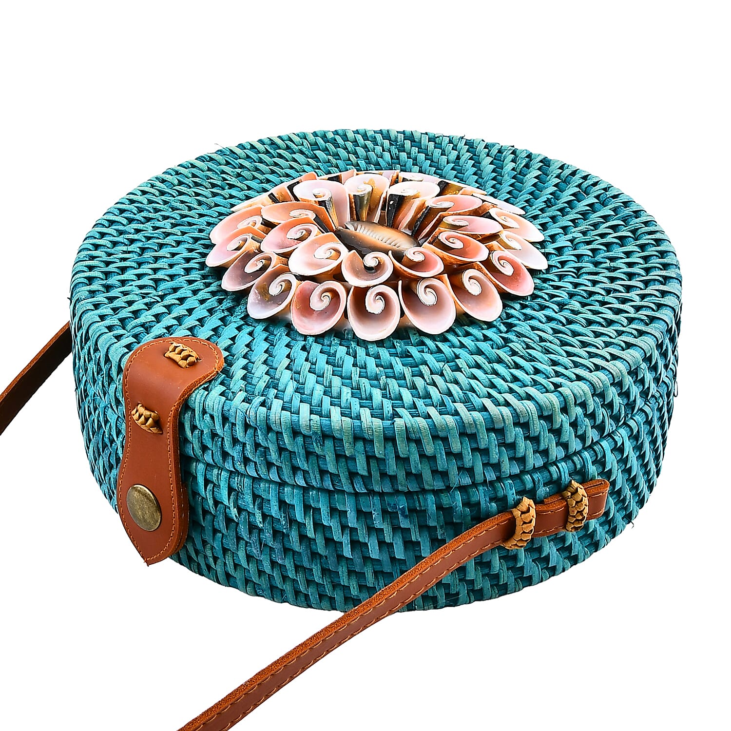 Tamsy Handmade Green Tosca Round Crossbody Bag with Shell