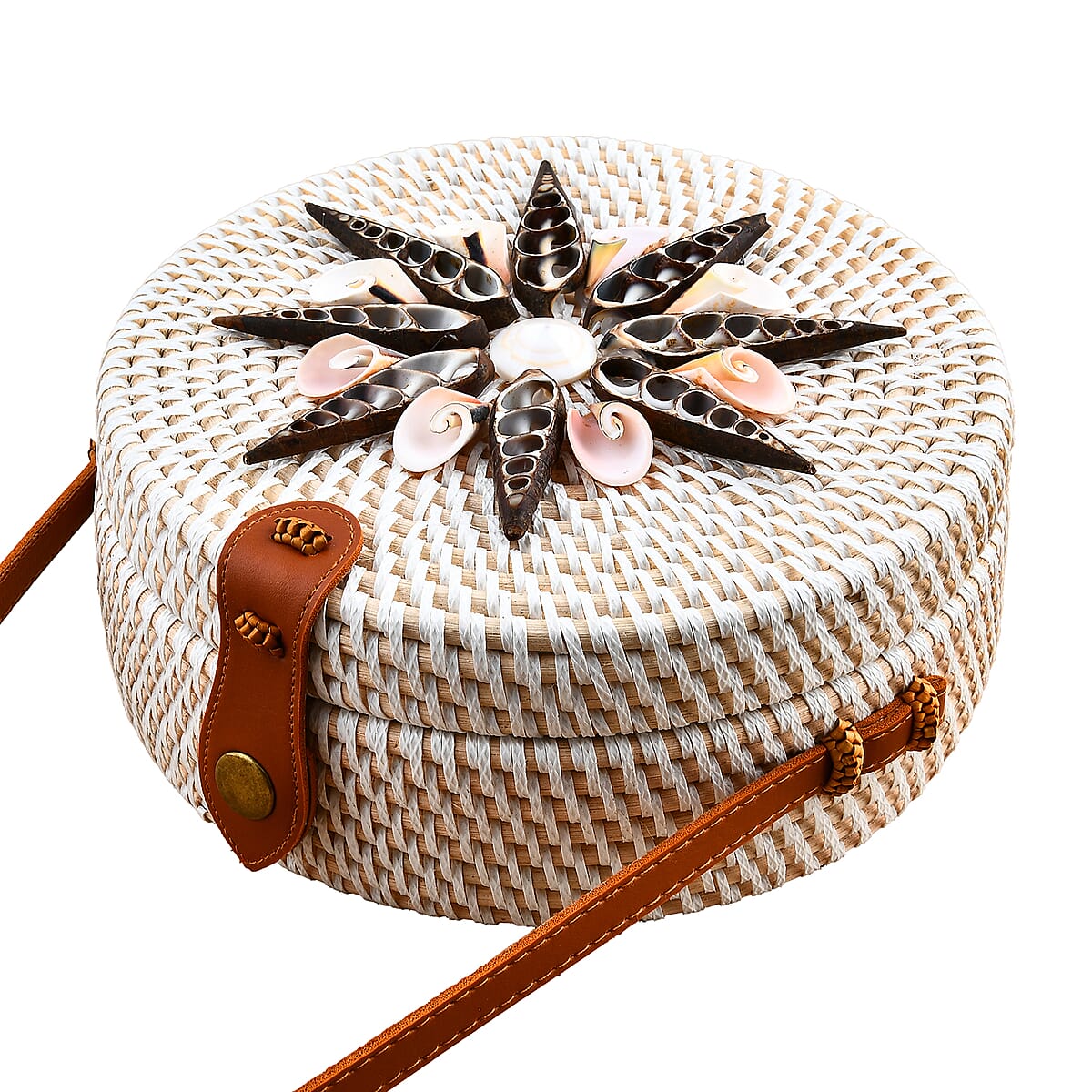 Tamsy Handmade White Round Crossbody Bag with Shell image number 3