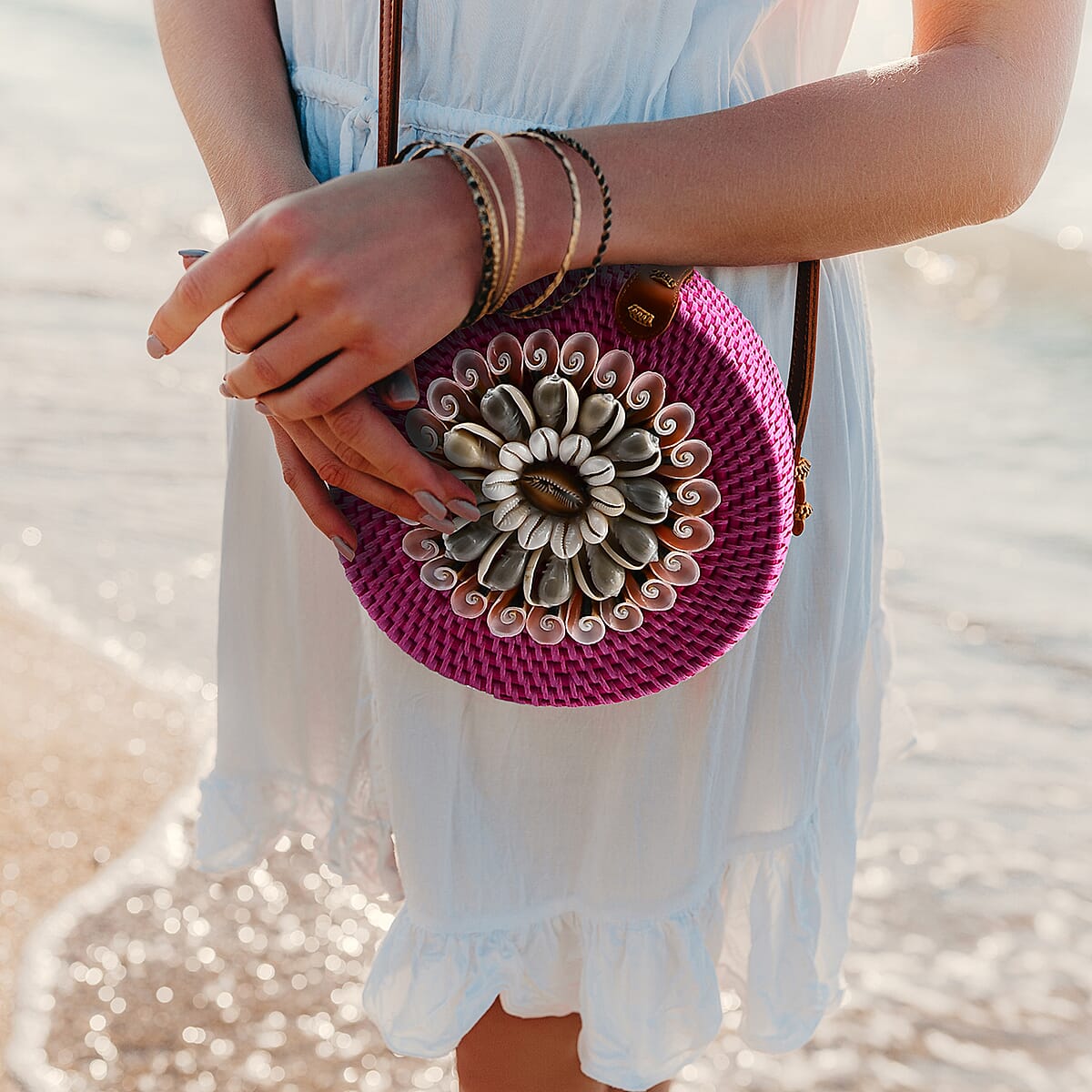 Tamsy Handmade Pink Round Crossbody Bag with Shell image number 2