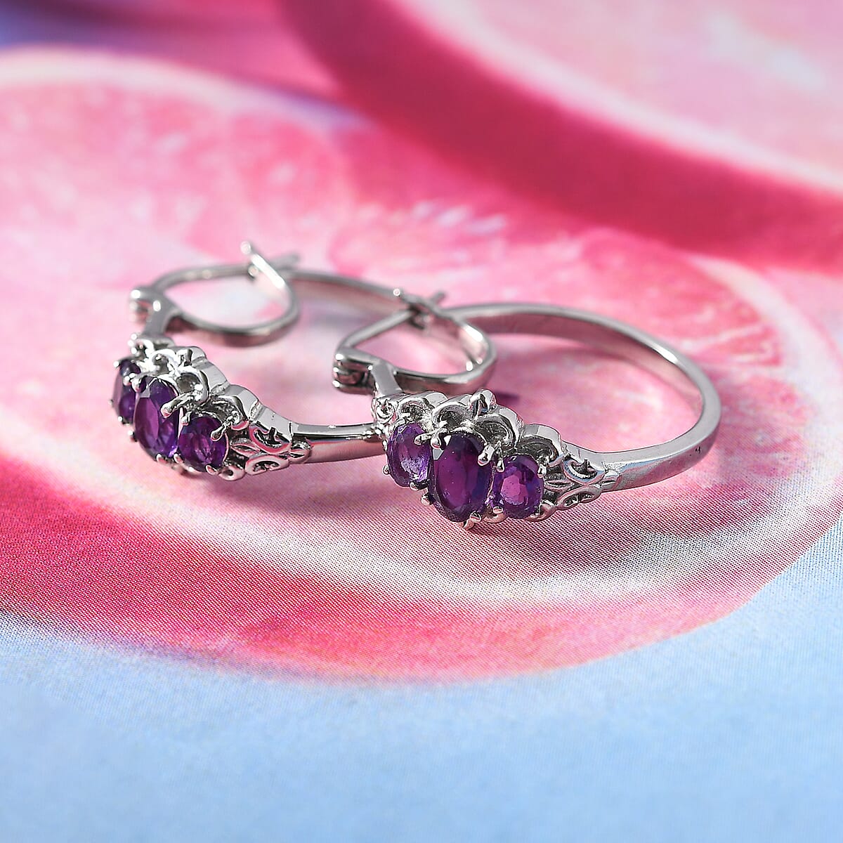 EverTrue African Amethyst 1.60 ctw Hoop Earrings in Stainless Steel  image number 1