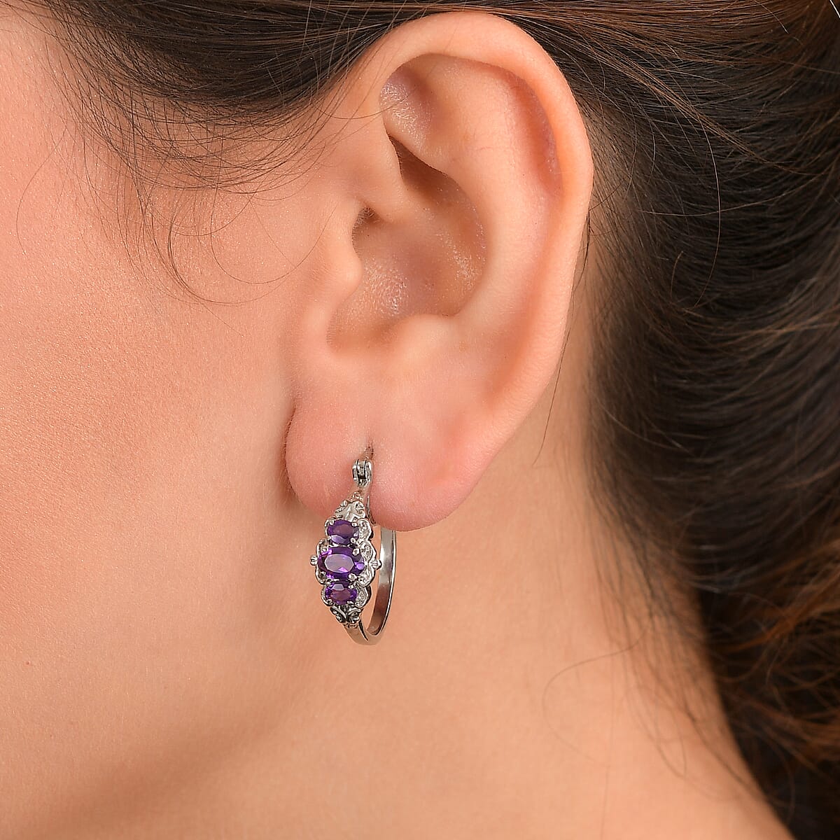 EverTrue African Amethyst 1.60 ctw Hoop Earrings in Stainless Steel  image number 2