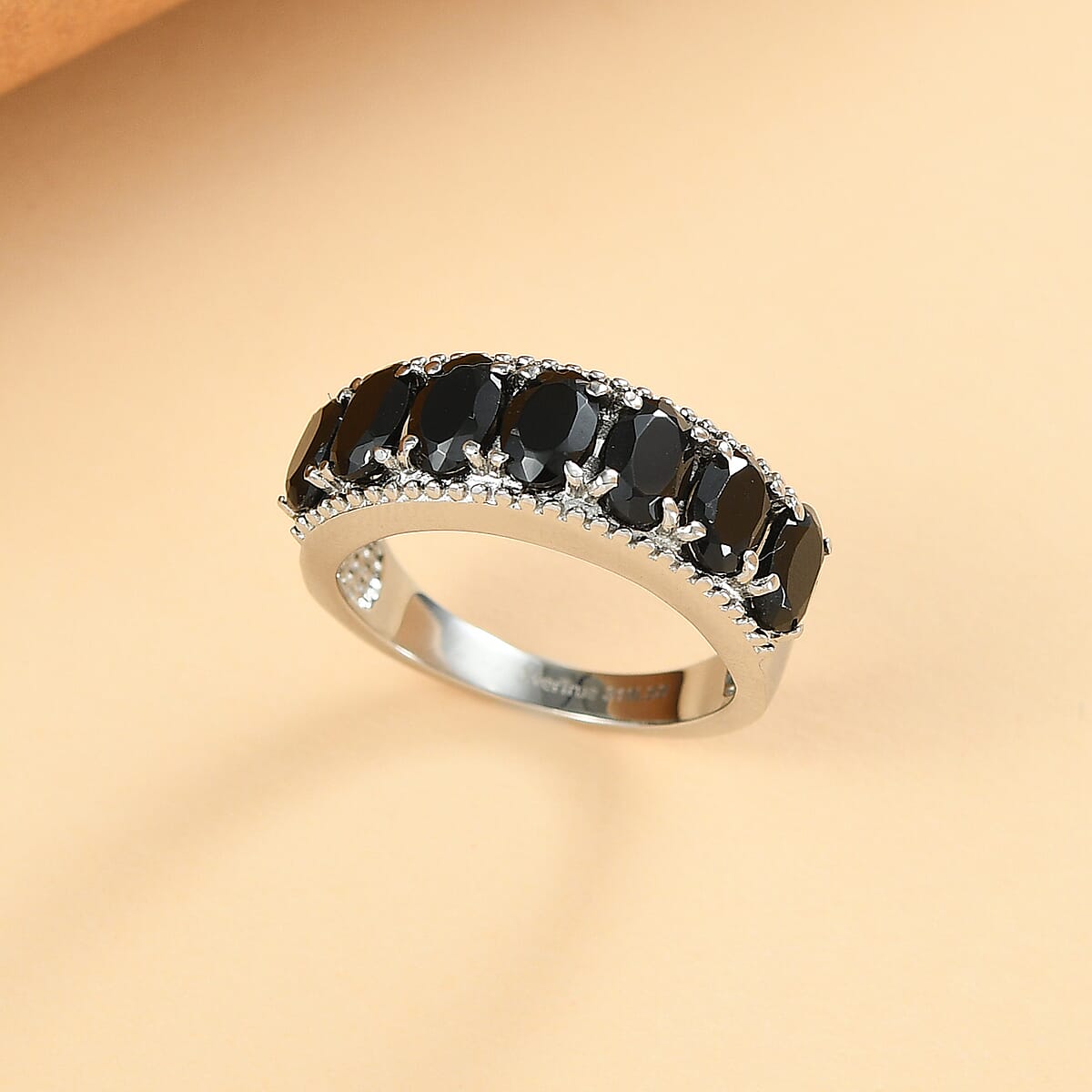 EverTrue Thai Black Spinel 4.35 ctw 7 Stone Ring in Stainless Steel (Size 5.0) image number 1