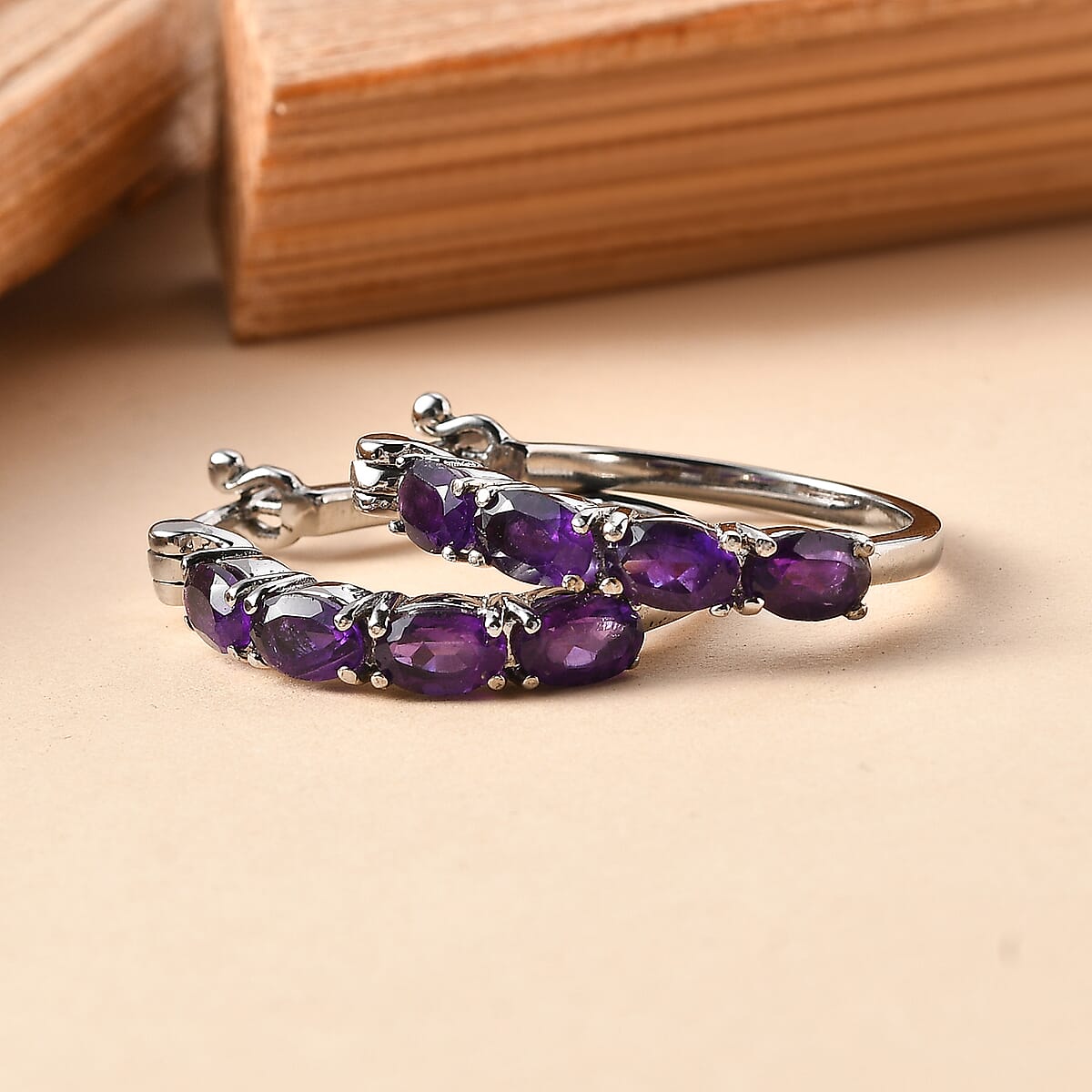EverTrue African Amethyst 3.50 ctw Hoop Earrings in Stainless Steel  image number 1