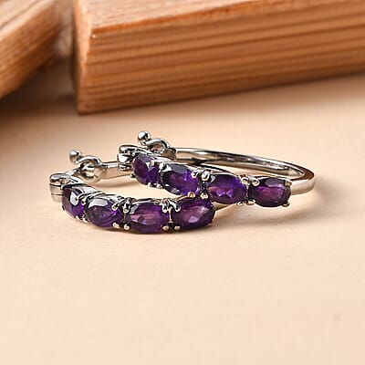 EverTrue African Amethyst 3.50 ctw Hoop Earrings in Stainless Steel 