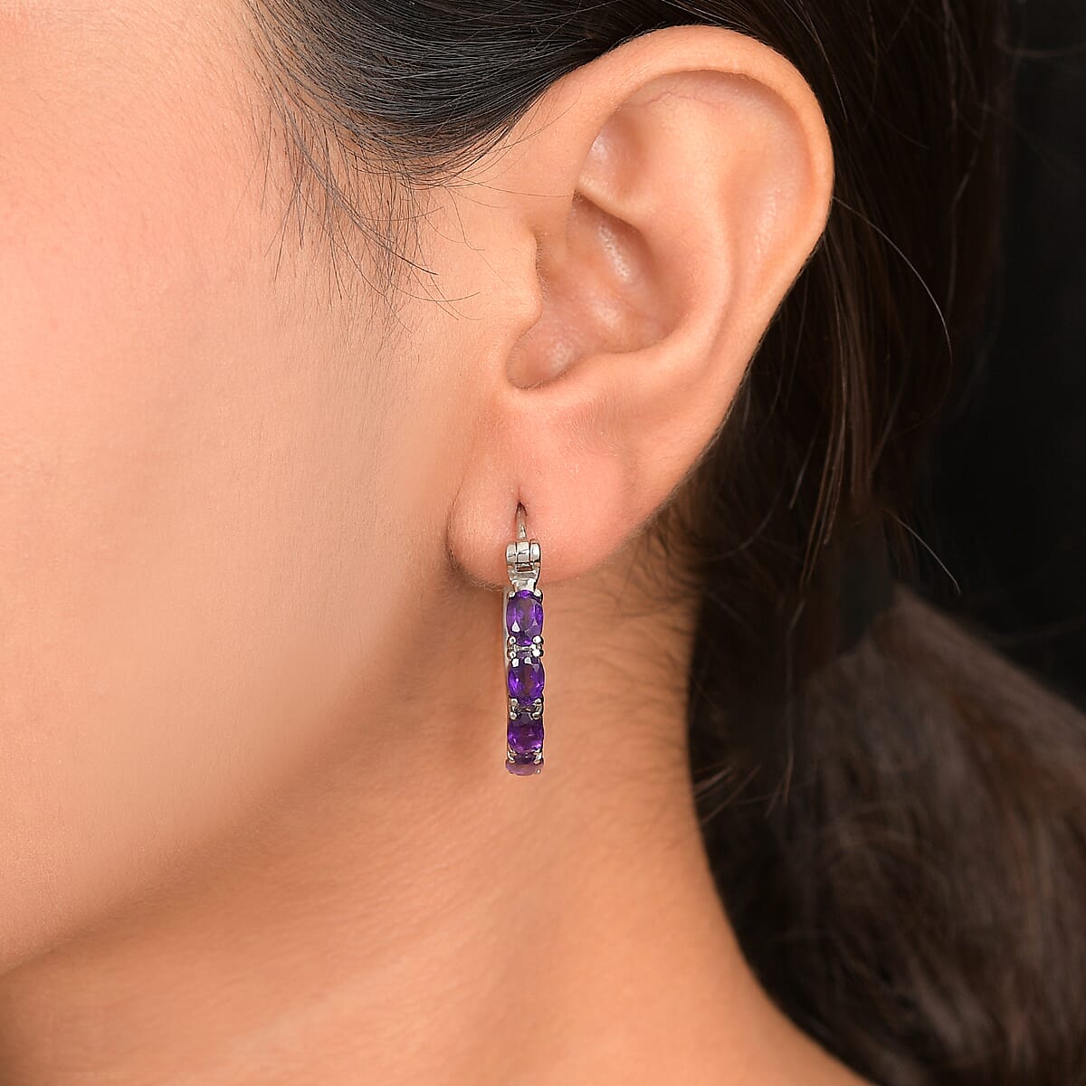EverTrue African Amethyst 3.50 ctw Hoop Earrings in Stainless Steel  image number 2