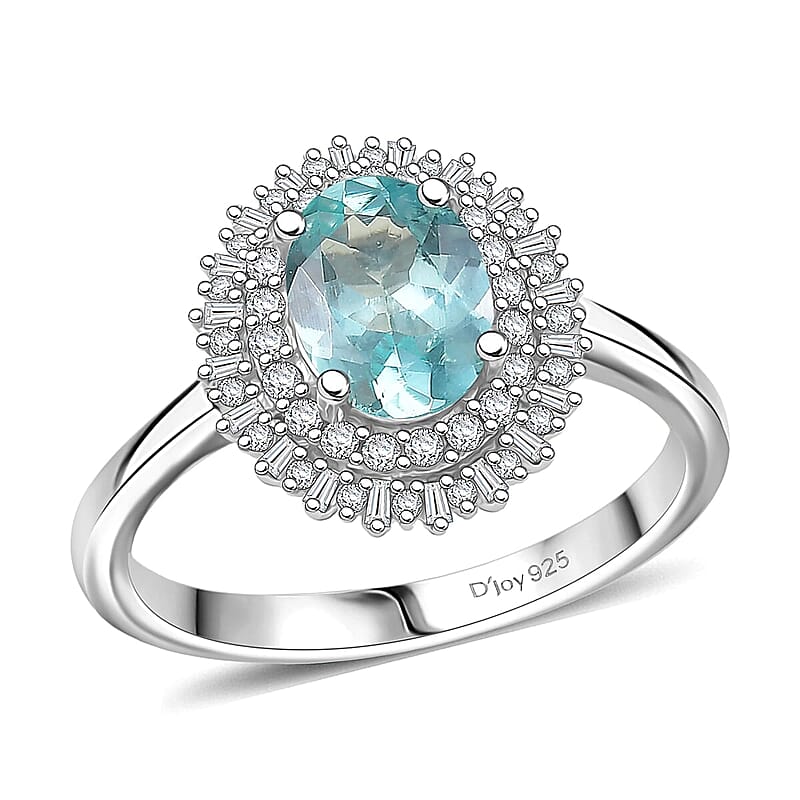 D'Joy Lagoon Apatite and Diamond 1.55 ctw Arctic Bloom Ring in Rhodium Over Sterling Silver (Size 10.0)
