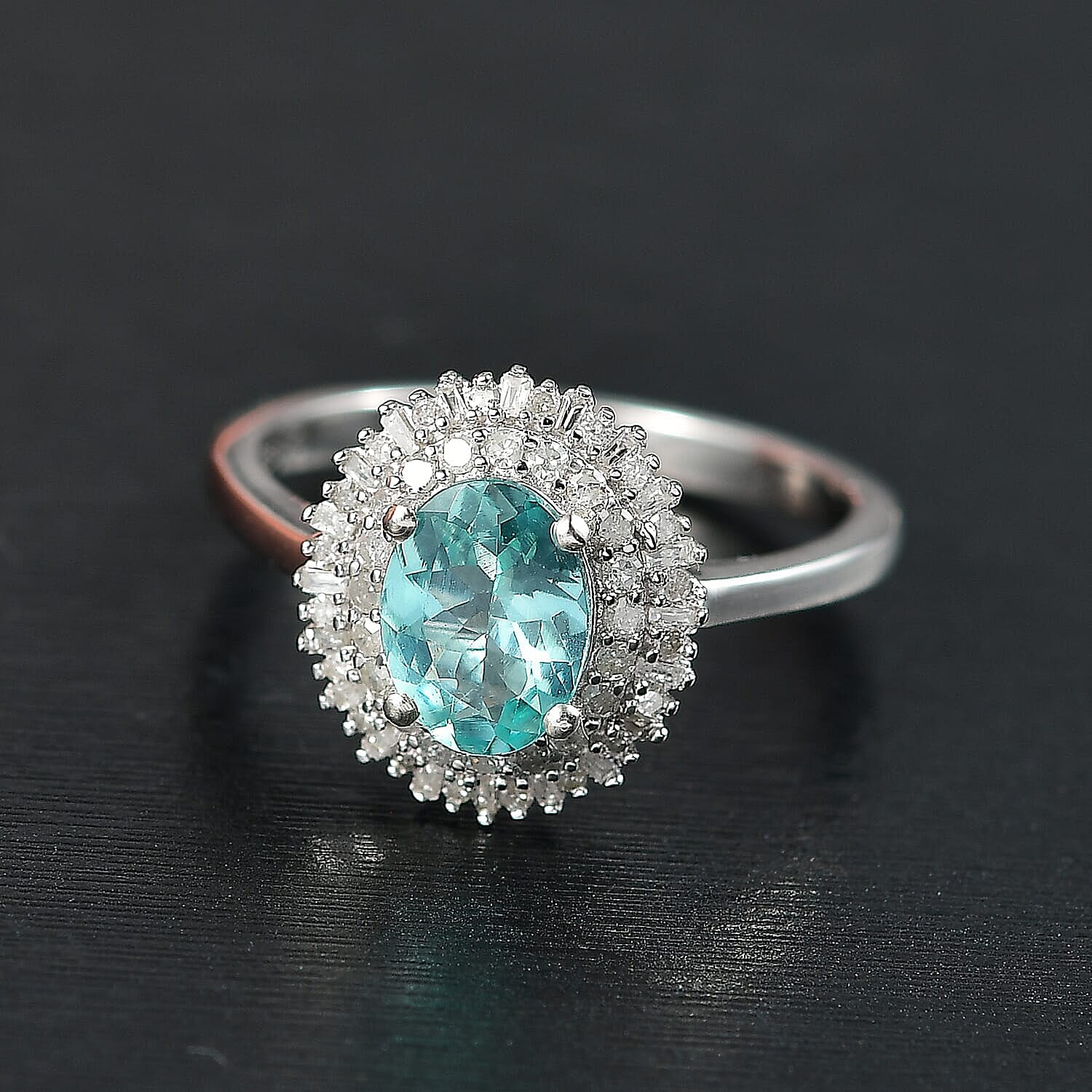 D'Joy Lagoon Apatite and Diamond 1.55 ctw Arctic Bloom Ring in Rhodium Over Sterling Silver (Size 10.0)