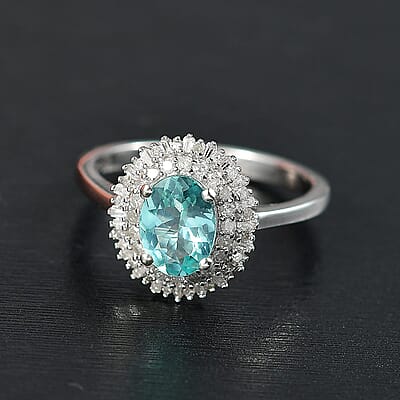 D'Joy Lagoon Apatite and Diamond 1.55 ctw Arctic Bloom Ring in Rhodium Over Sterling Silver (Size 10.0)