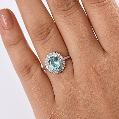 D'Joy Lagoon Apatite and Diamond 1.55 ctw Arctic Bloom Ring in Rhodium Over Sterling Silver (Size 10.0)