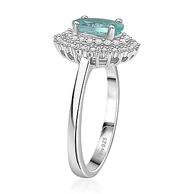 D'Joy Lagoon Apatite and Diamond 1.55 ctw Arctic Bloom Ring in Rhodium Over Sterling Silver (Size 10.0)