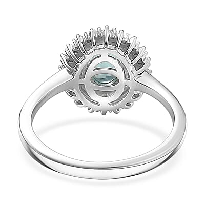 D'Joy Lagoon Apatite and Diamond 1.55 ctw Arctic Bloom Ring in Rhodium Over Sterling Silver (Size 10.0)
