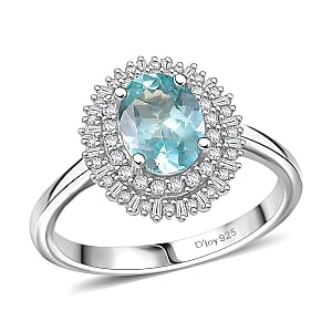 D&rsquo;Joy Lagoon Apatite, Diamond (0.36 cts) Ring in Rhodium Over Sterling Silver (Size 11.0) 1.55 ctw