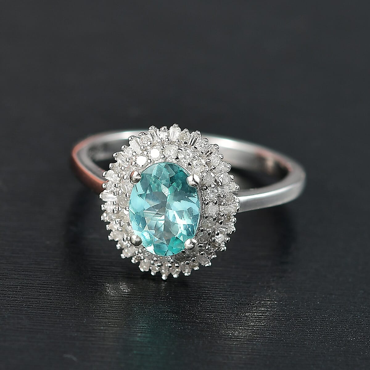D'Joy Lagoon Apatite and Diamond 1.55 ctw Arctic Bloom Ring in Rhodium Over Sterling Silver (Size 5.0)  image number 1