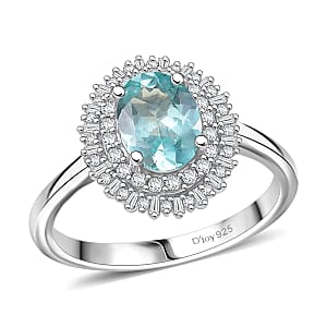 D'Joy Lagoon Apatite and Diamond 1.55 ctw Arctic Bloom Ring in Rhodium Over Sterling Silver (Size 6.0) 
