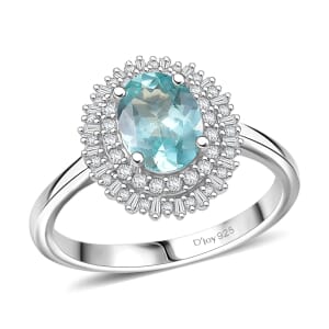 D’Joy Lagoon Apatite and Diamond 1.55 ctw Ring in Rhodium Over Sterling Silver (Size 7.0) 