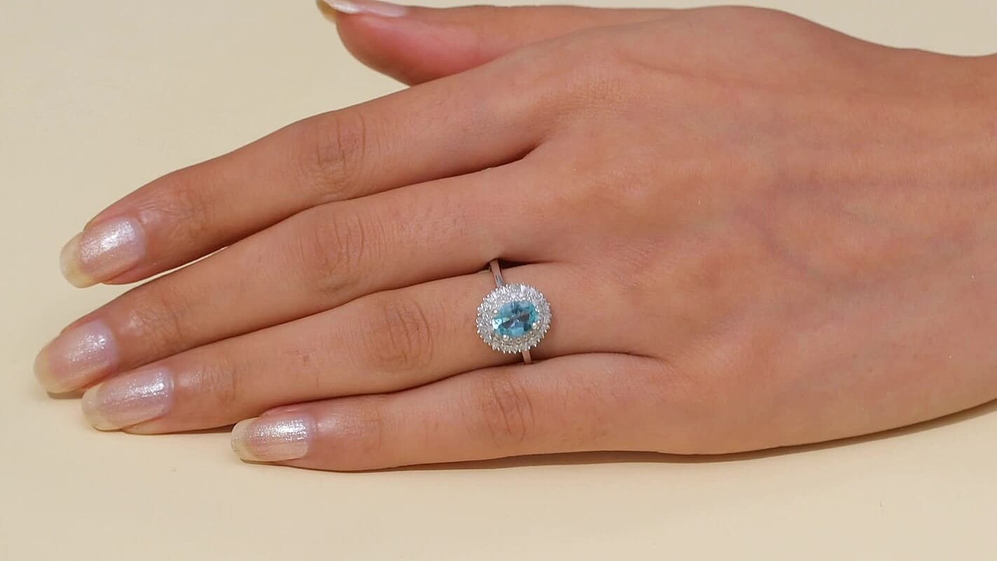 D’Joy Lagoon Apatite, Diamond (0.36 cts) Ring in Rhodium Over Sterling Silver (Size 10.0) 1.55 ctw