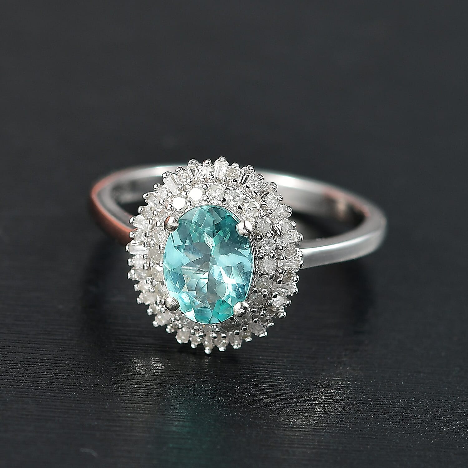 D’Joy Lagoon Apatite, Diamond (0.36 cts) Ring in Rhodium Over Sterling Silver (Size 10.0) 1.55 ctw