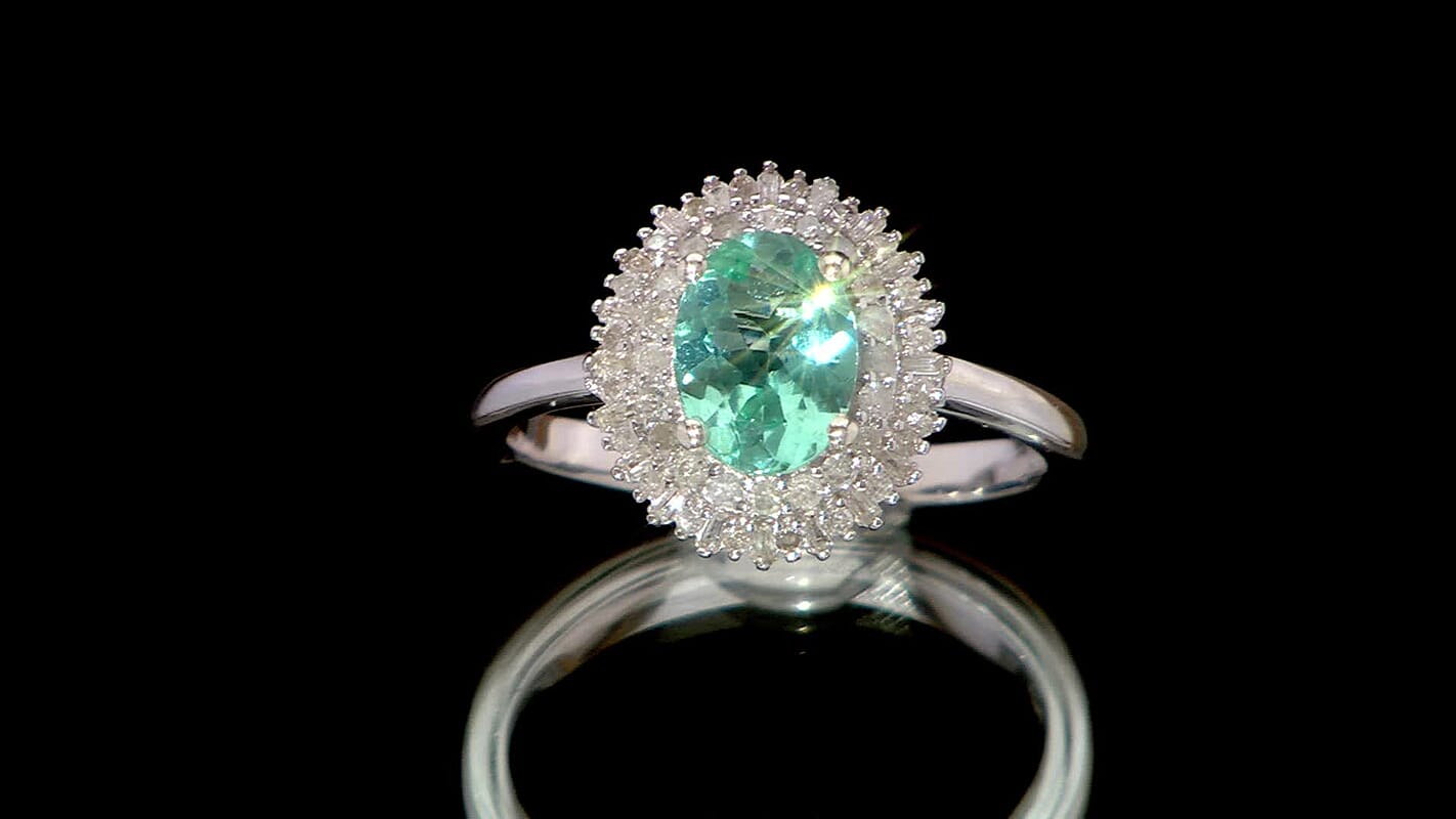 D’Joy Lagoon Apatite, Diamond (0.36 cts) Ring in Rhodium Over Sterling Silver (Size 10.0) 1.55 ctw