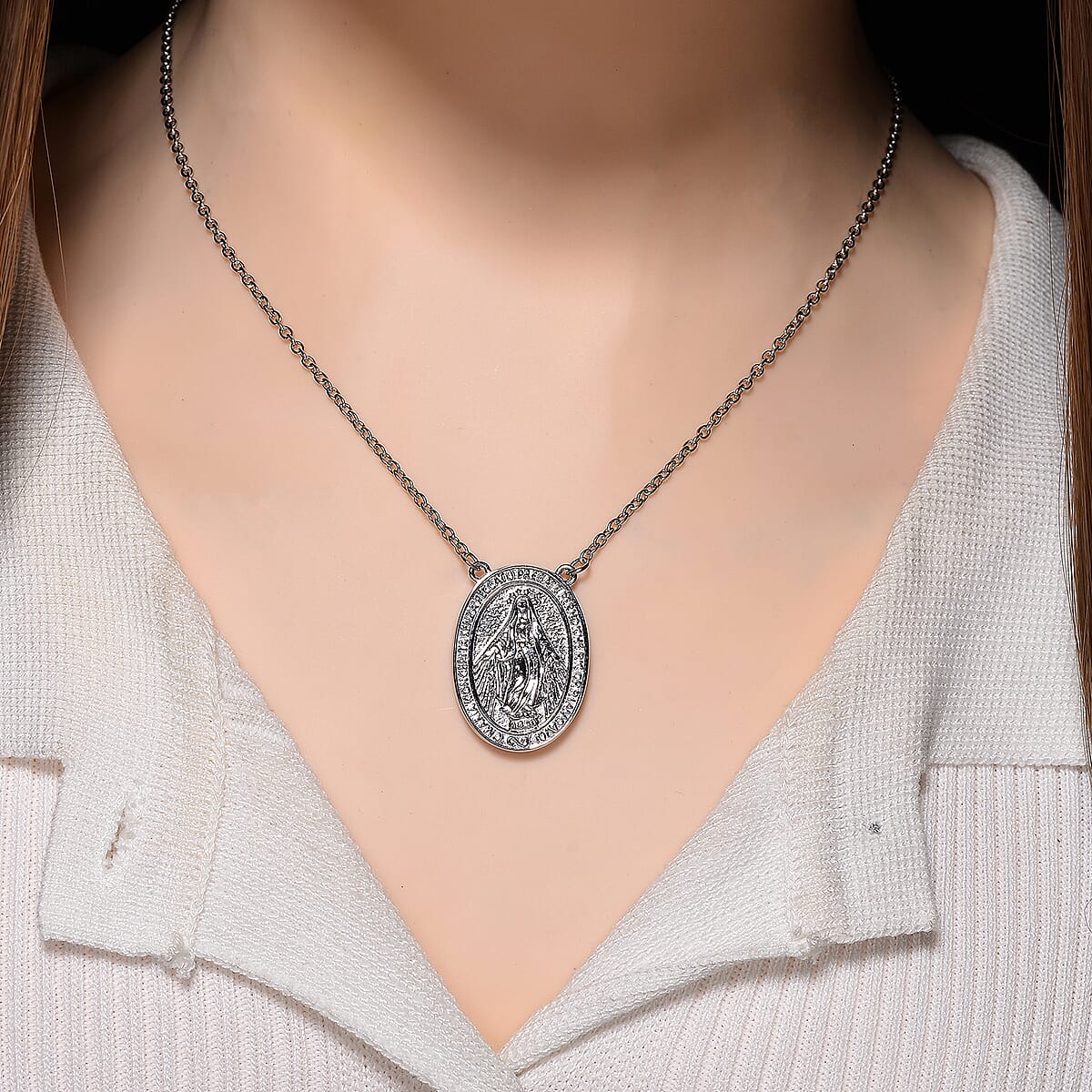 Miraculous Medal Necklace in Stainless Steel 20-22 Inches image number 1