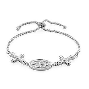 Miraculous Medal Bolo Bracelet with Cross Charm in Stainless Steel (6-9In)