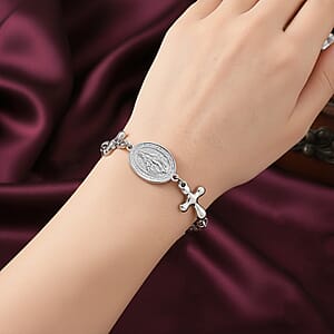 Miraculous Medal Bolo Bracelet with Cross Charm in Stainless Steel (6-9In)