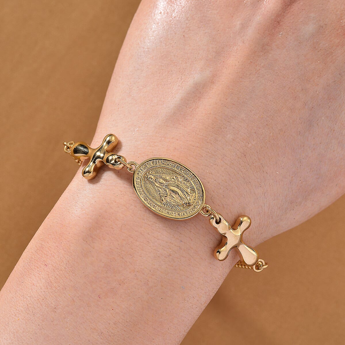 Miraculous Medal Bolo Bracelet with Cross Charm in ION Plated YG Stainless Steel (6-9In) image number 1