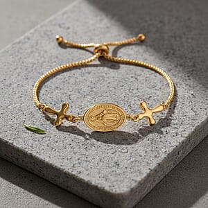 Miraculous Medal Bolo Bracelet with Cross Charm in ION Plated YG Stainless Steel (6-9In)