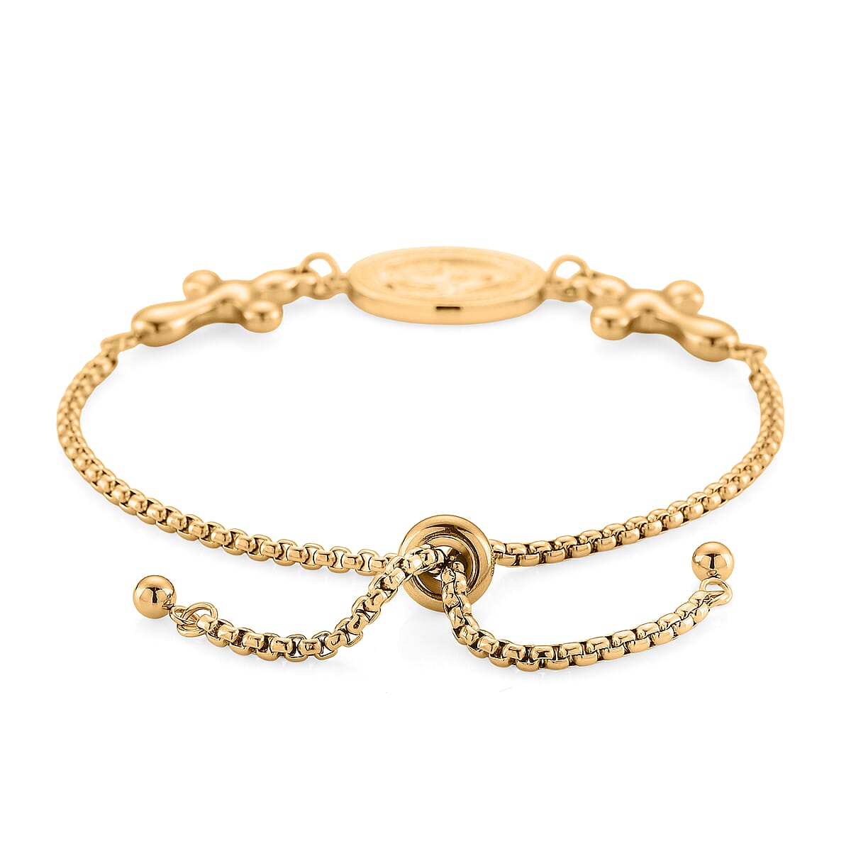 Miraculous Medal Bolo Bracelet with Cross Charm in ION Plated YG Stainless Steel (6-9In) image number 3