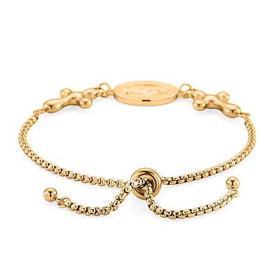 Miraculous Medal Bolo Bracelet with Cross Charm in ION Plated YG Stainless Steel (6-9In)