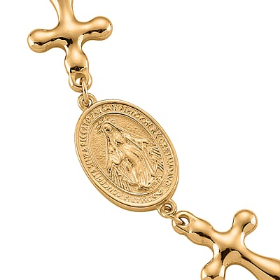 Miraculous Medal Bolo Bracelet with Cross Charm in ION Plated YG Stainless Steel (6-9In)