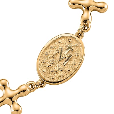 Miraculous Medal Bolo Bracelet with Cross Charm in ION Plated YG Stainless Steel (6-9In)