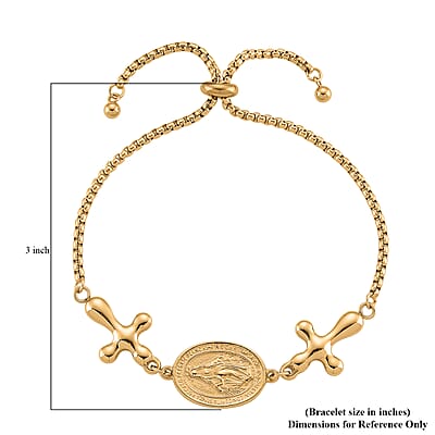 Miraculous Medal Bolo Bracelet with Cross Charm in ION Plated YG Stainless Steel (6-9In)