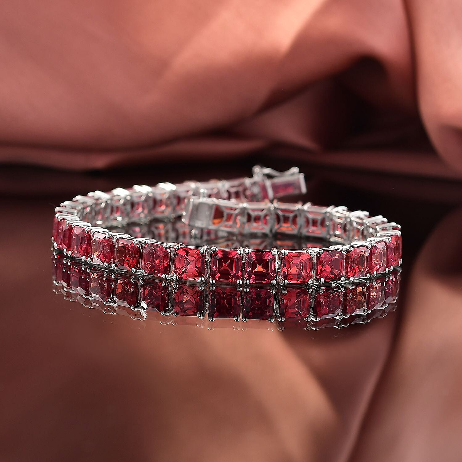 D’joy Padparadscha Sapphire 42.05 ctw Bracelet in Rhodium Over Sterling Silver (7.50 In)