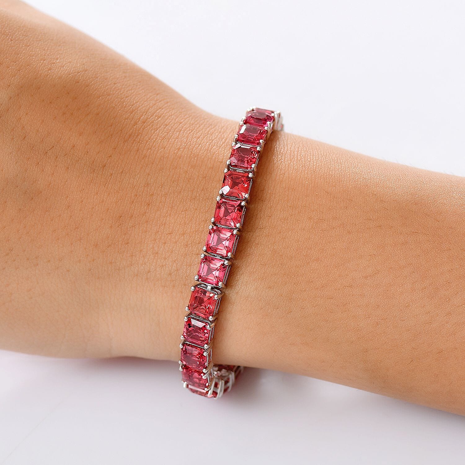 D’joy Padparadscha Sapphire 42.05 ctw Bracelet in Rhodium Over Sterling Silver (7.50 In)