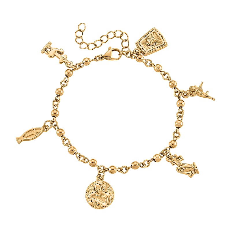Faith & Symbol Charm Bracelet in ION Plated YG Stainless Steel (7.5-9.5In)
