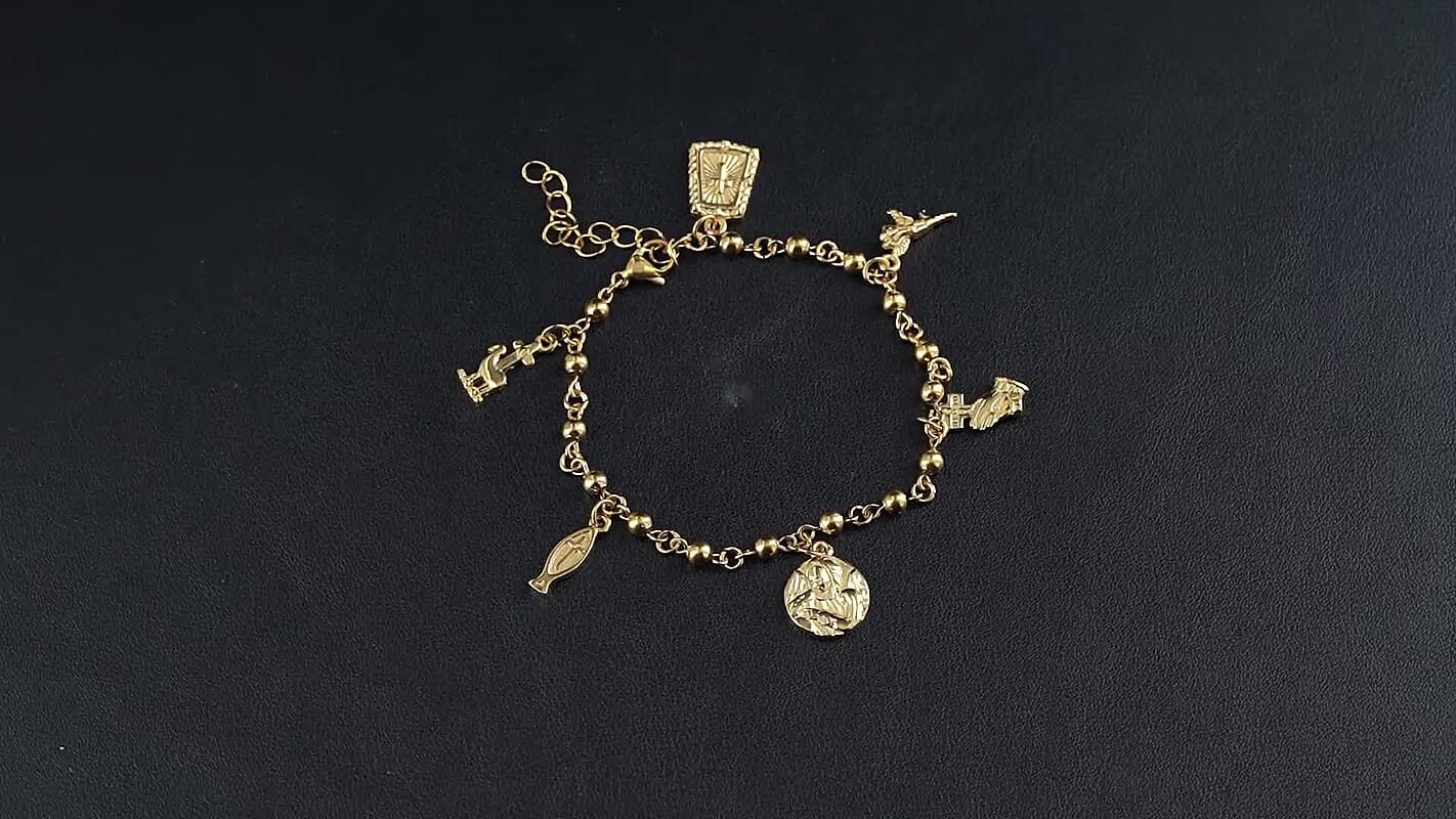 Faith & Symbol Charm Bracelet in ION Plated YG Stainless Steel (7.5-9.5In)