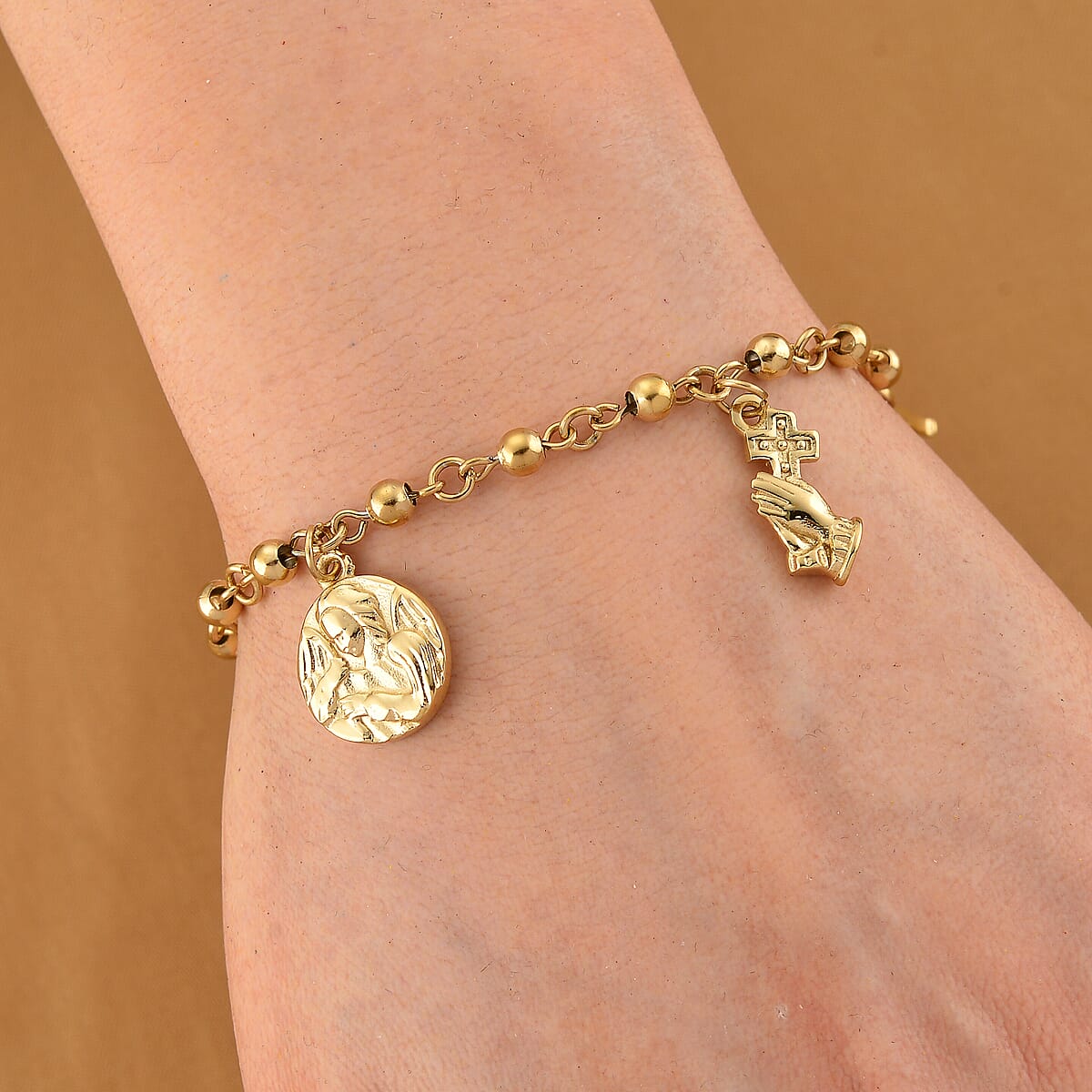 Faith & Symbol Charm Bracelet in ION Plated YG Stainless Steel (7.5-9.5In) image number 1