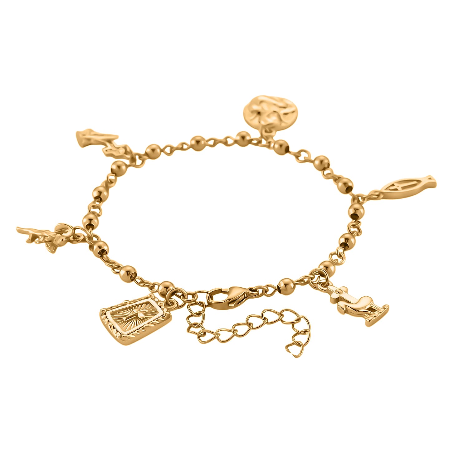Faith & Symbol Charm Bracelet in ION Plated YG Stainless Steel (7.5-9.5In)