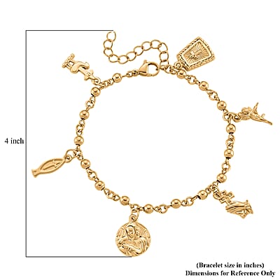 Faith & Symbol Charm Bracelet in ION Plated YG Stainless Steel (7.5-9.5In)