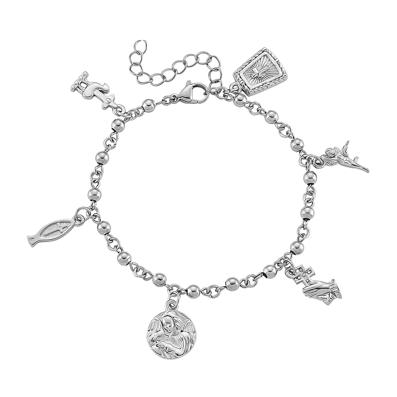 Faith & Symbol Charm Bracelet in Stainless Steel (7.5-9.5In)