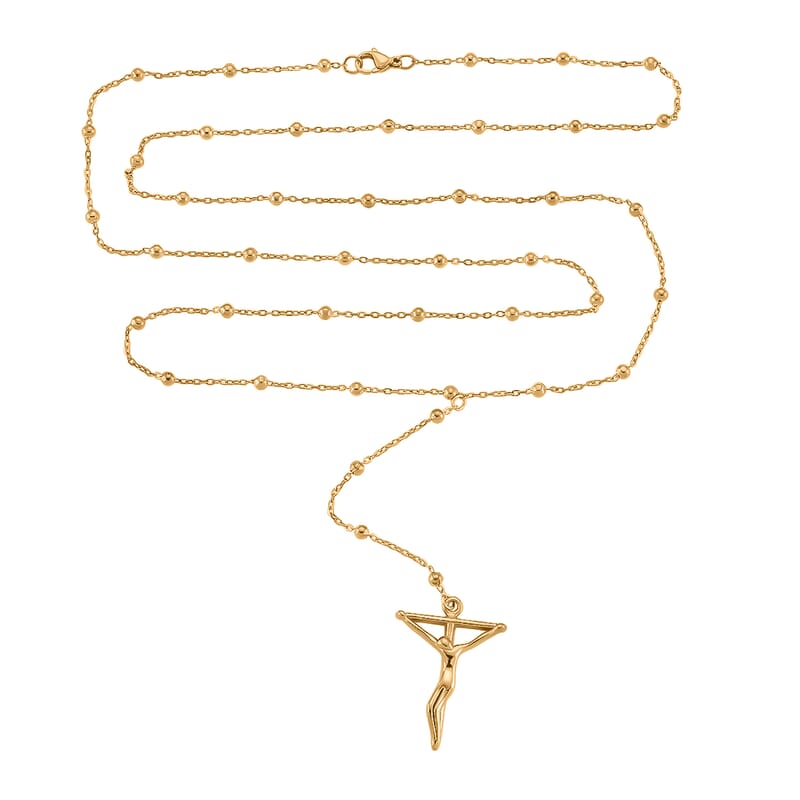 Crucifix Beaded Necklace in ION Plated YG Stainless Steel 36 Inches