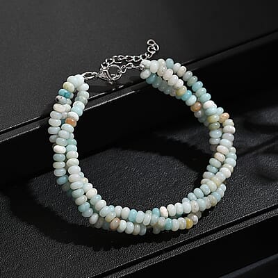 Amazonite 80.00 ctw Beaded 2 Row Bracelet in Stainless Steel (7.25 In)
