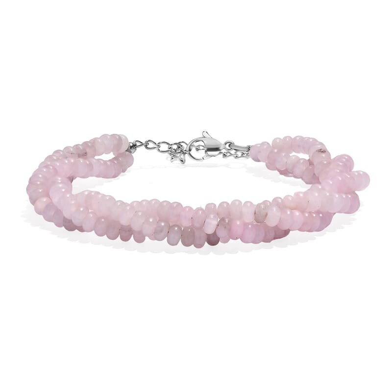Galilea Rose Quartz 80.00 ctw Beaded 2 Row Bracelet in Stainless Steel (7.25 In)