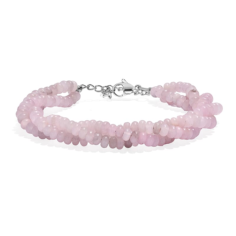 Galilea Rose Quartz 80.00 ctw Beaded 2 Row Bracelet in Stainless Steel (7.25 In)