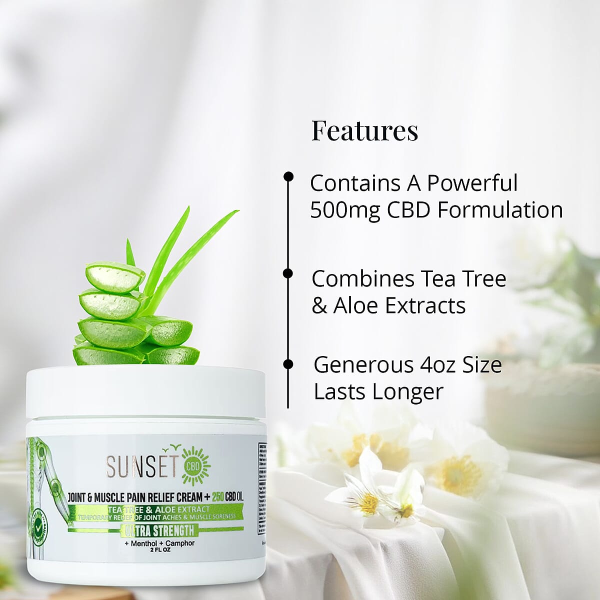 Sunset CBD Green Tea Tree Pain Relief Cream + Tea Tree & Aloe 500MG | 4oz image number 2