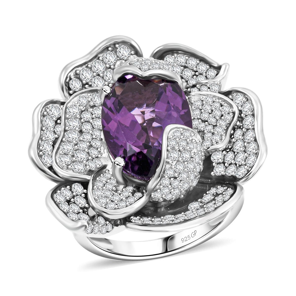 GP Italian Garden Collection Rose De France Amethyst and White Zircon 8.50 ctw Floral Ring in Rhodium Over Sterling Silver (Size 6.5) image number 0