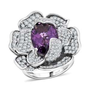 GP Italian Garden Collection Rose De France Amethyst and White Zircon 8.50 ctw Floral Ring in Rhodium Over Sterling Silver (Size 6.5)