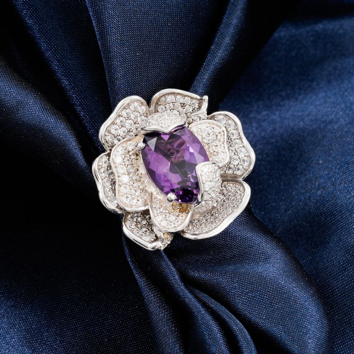 GP Italian Garden Collection Rose De France Amethyst and White Zircon 8.50 ctw Floral Ring in Rhodium Over Sterling Silver (Size 6.5) image number 1