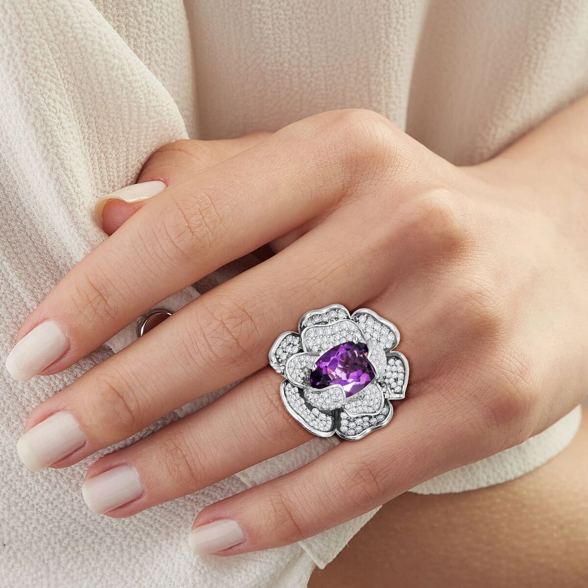 GP Italian Garden Collection Rose De France Amethyst and White Zircon 8.50 ctw Floral Ring in Rhodium Over Sterling Silver (Size 6.5) image number 2