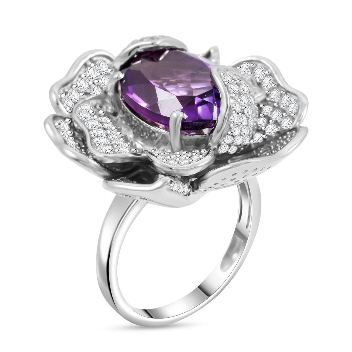 GP Italian Garden Collection Rose De France Amethyst and White Zircon 8.50 ctw Floral Ring in Rhodium Over Sterling Silver (Size 6.5) image number 3